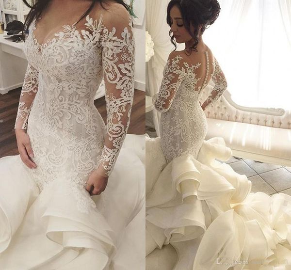 mermaid lace 2021 arabic wedding dresses sheer neck long sleeves bridal dresses tiers satin wedding gowns custom made, White
mermaid lace 2021 arabic wedding dresses sheer neck long sleeves bridal dresses tiers satin wedding gowns custom made, White