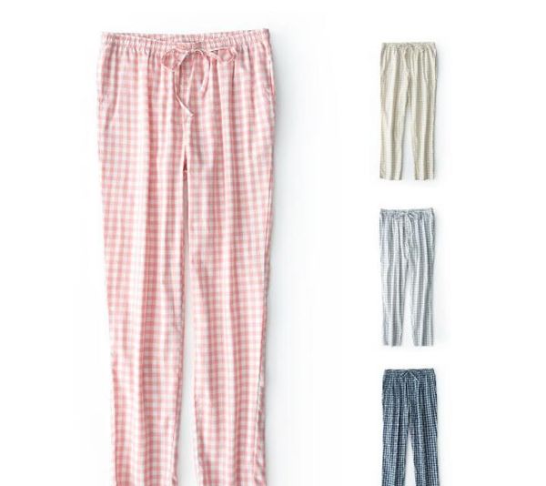 single layer of washed cotton household pants for sleeping cotton plaid leisure pajamas comfortable breathable pajamas pants for women, Black;red