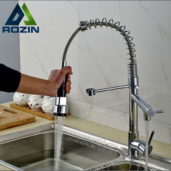 

wholesale- promotion chrome spring double spout single handle kitchen sink faucet deck mount & cold kitchen mixer taps