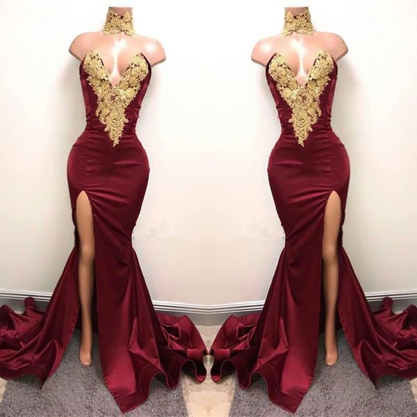 2019 burgundy high neck mermaid prom dresses gold lace appliques side split evening dresses party wear ba5998, Black
2019 burgundy high neck mermaid prom dresses gold lace appliques side split evening dresses party wear ba5998, Black
