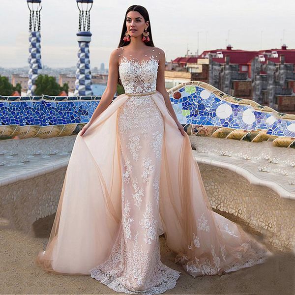 robe de mariee stunning tulle bateau neckline detachable skirt wedding dresses elegant lace appliques sheath bridal wedding gowns plus size, White
robe de mariee stunning tulle bateau neckline detachable skirt wedding dresses elegant lace appliques sheath bridal wedding gowns plus size, White