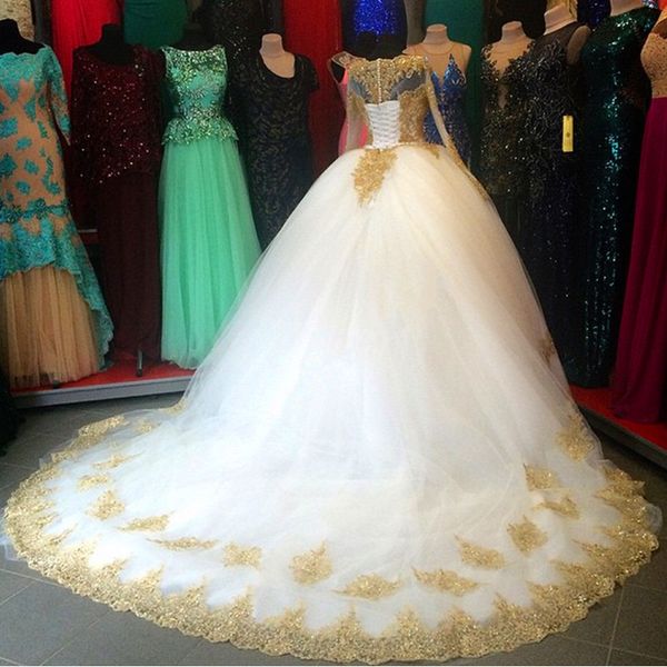 white and gold wedding dresses ball gown long sleeve jewel neck beaded appliques lace tulle bridal gowns custom size
white and gold wedding dresses ball gown long sleeve jewel neck beaded appliques lace tulle bridal gowns custom size