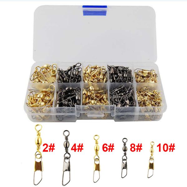 260pcs Barrel Fishing Swivel With Safety Snap Black Gold Barrel Swivels Hard Fishing Lure Connector Set With Box
260pcs Barrel Fishing Swivel With Safety Snap Black Gold Barrel Swivels Hard Fishing Lure Connector Set With Box