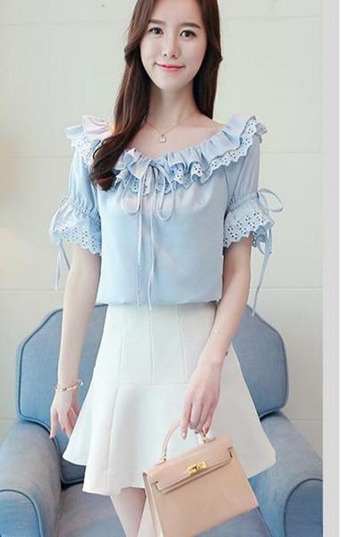 chiffon shirt short sleeves 2018 summer women's wear new style lace horn sleeves boat neck shirt, White
chiffon shirt short sleeves 2018 summer women's wear new style lace horn sleeves boat neck shirt, White