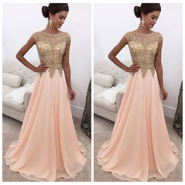 sheer neck long prom dresses with gold lace appliques cap sleeves a line 2018 chiffon formal party wear formal evening dresses, Black
sheer neck long prom dresses with gold lace appliques cap sleeves a line 2018 chiffon formal party wear formal evening dresses, Black