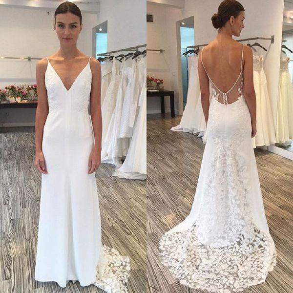 backless appliques lace beach wedding dresses v-neck spaghetti straps sleeveless bridal gowns vestido de novia, White 
backless appliques lace beach wedding dresses v-neck spaghetti straps sleeveless bridal gowns vestido de novia, White