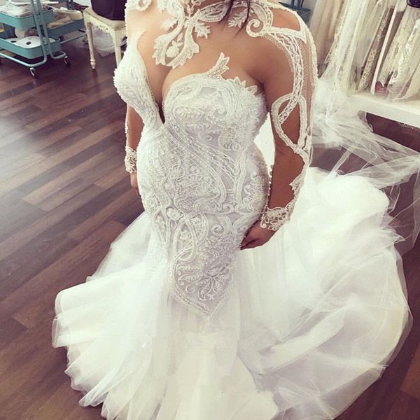 modest long sleeves mermaid wedding dresses lace appliqued high neck bridal gowns sweep train vestidos de novia, White
modest long sleeves mermaid wedding dresses lace appliqued high neck bridal gowns sweep train vestidos de novia, White