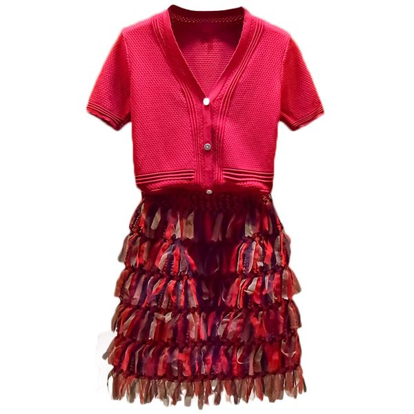 kenvy brand fashion women's high-end luxury new v-neck knitted short sleeve + high waist tassels fluffy set two-piece, Gray
kenvy brand fashion women's high-end luxury new v-neck knitted short sleeve + high waist tassels fluffy set two-piece, Gray