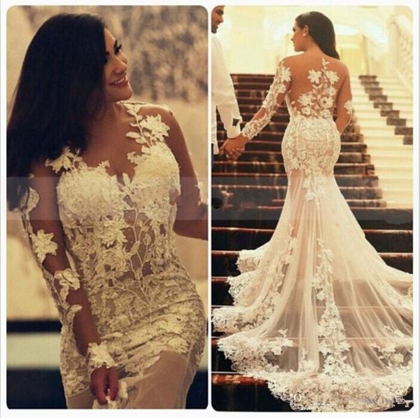 ivory tulle mermaid bridal gowns sheer neck court train long sleeve lace applique trumpet plus size wedding dresses side zipper, White
ivory tulle mermaid bridal gowns sheer neck court train long sleeve lace applique trumpet plus size wedding dresses side zipper, White