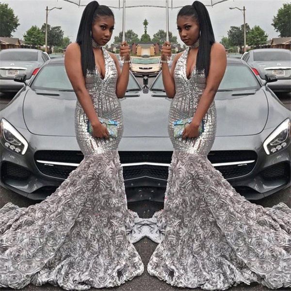 2018 gorgeous silver mermaid prom dresses deep v neck sequins handmade flower african black girls fishtail evening party gowns, Black;red
2018 gorgeous silver mermaid prom dresses deep v neck sequins handmade flower african black girls fishtail evening party gowns, Black;red