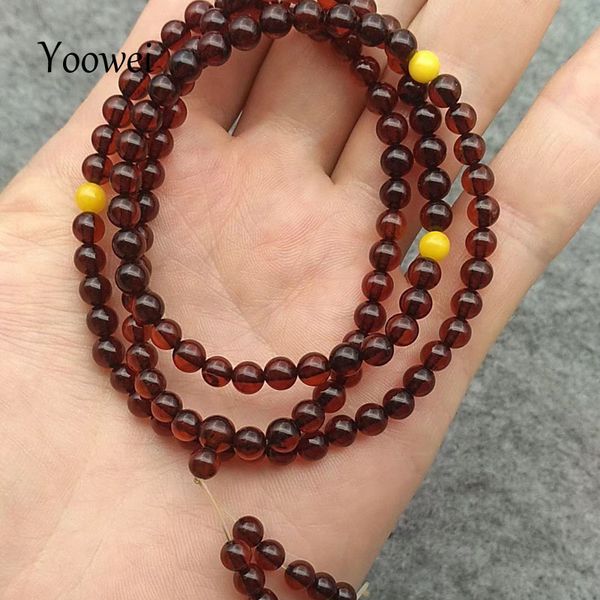 

yoowei 5.2mm 9.5g 108 mala beads amber bracelet necklace for gift prayer bless buddhist baltic natural amber jewelry wholesale, Golden;silver