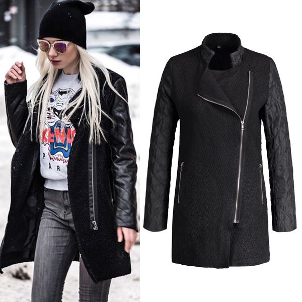 women's leather & faux autumn winter women coats designer clothing zipper side patchwork trench long coat, Black
women's leather & faux autumn winter women coats designer clothing zipper side patchwork trench long coat, Black