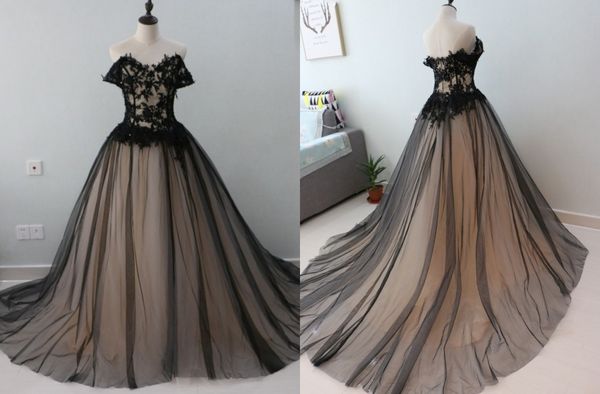 black gothic wedding dresses off the shoulder with sleeves applique champagne inner beaded a line tulle real ps wedding gowns, White
black gothic wedding dresses off the shoulder with sleeves applique champagne inner beaded a line tulle real ps wedding gowns, White