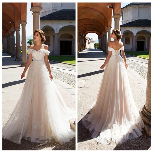 2021 simple off shoulder light champagne tulle beach wedding dresses custom lace appliques corset back bridal gowns custom lace up, White
2021 simple off shoulder light champagne tulle beach wedding dresses custom lace appliques corset back bridal gowns custom lace up, White
