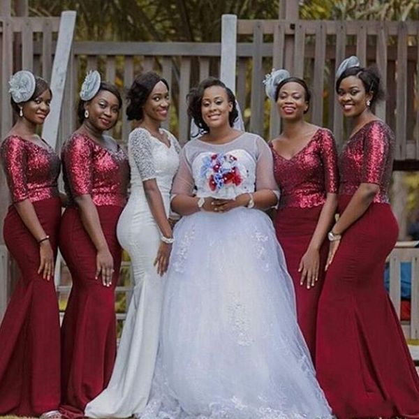 plus size burgundy bridesmaid dresses bigh v neck mermaid sweep train shiny sequined fabric and chiffon maid of honor dresses with sleelves, White;pink
plus size burgundy bridesmaid dresses bigh v neck mermaid sweep train shiny sequined fabric and chiffon maid of honor dresses with sleelves, White;pink