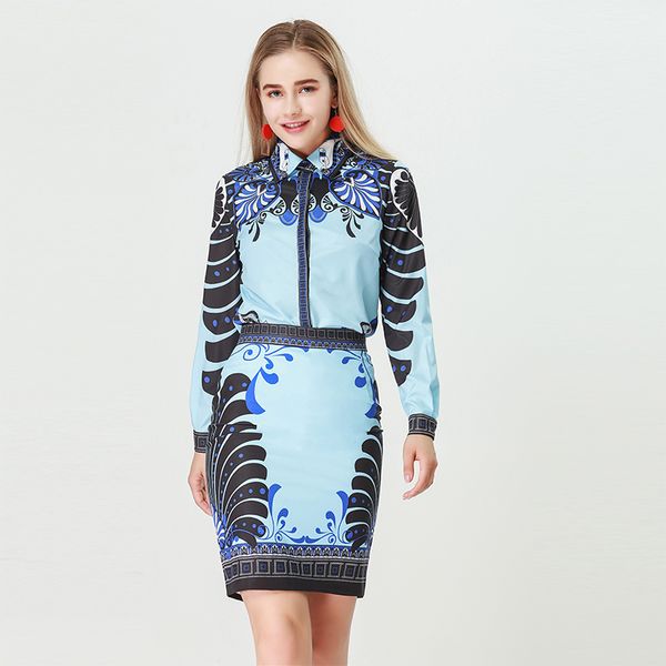 2018 european fashion print women sets slim full sleeve turn-down collar shirts +above knee mini skirts suits, White
2018 european fashion print women sets slim full sleeve turn-down collar shirts +above knee mini skirts suits, White