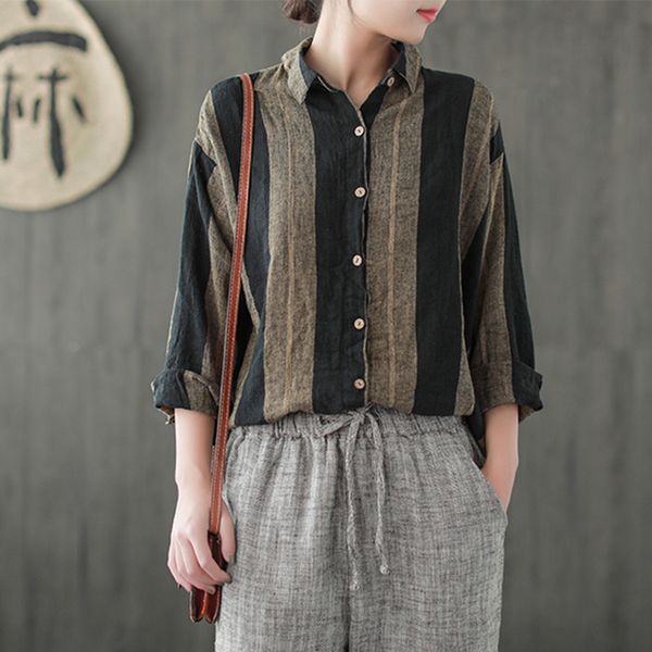 johnature 2018 new casual turn-down collar full sleeve linen striped hit color single-breasted loose autumn women shirts, White
johnature 2018 new casual turn-down collar full sleeve linen striped hit color single-breasted loose autumn women shirts, White