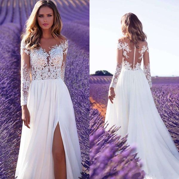 2018 Summer Chiffon High Side Split Beach A-line Wedding Dresses Lace Sheer Neck Sweep Train Wedding Bridal Gowns Milla Novia Custom Made, White
2018 Summer Chiffon High Side Split Beach A-line Wedding Dresses Lace Sheer Neck Sweep Train Wedding Bridal Gowns Milla Novia Custom Made, White