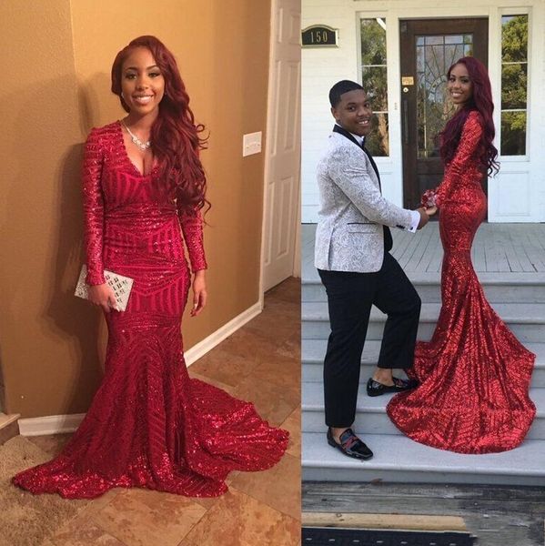 sweep train sparkly zipper back long sleeves evening dresses v neck gorgeous sequin mermaid red prom dress, Black;red
sweep train sparkly zipper back long sleeves evening dresses v neck gorgeous sequin mermaid red prom dress, Black;red