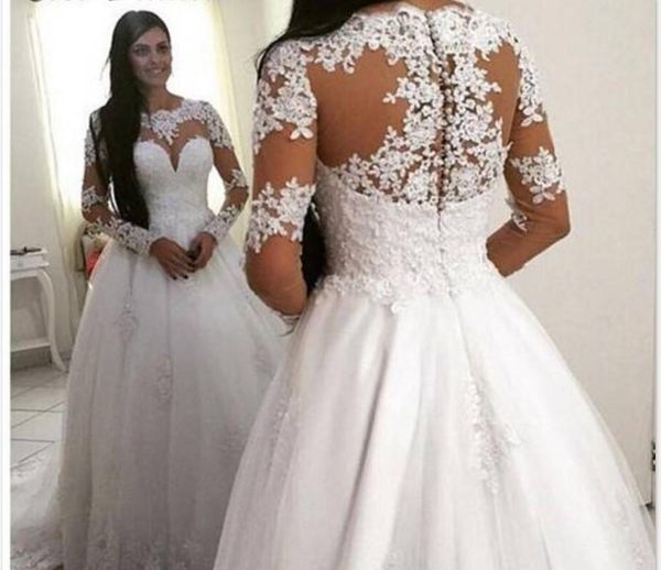 lace a line wedding dresses with sheer long sleeves crew neckline tulle floor length bridal gowns custom made wedding vestidos, White
lace a line wedding dresses with sheer long sleeves crew neckline tulle floor length bridal gowns custom made wedding vestidos, White