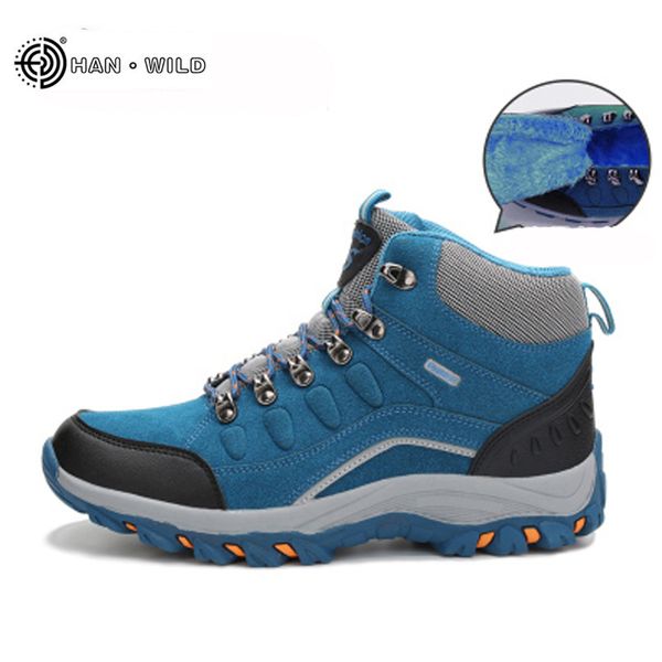 winter men snow boots waterproof leather plush warm lace up boots high ankle men's works casual shoes, Black