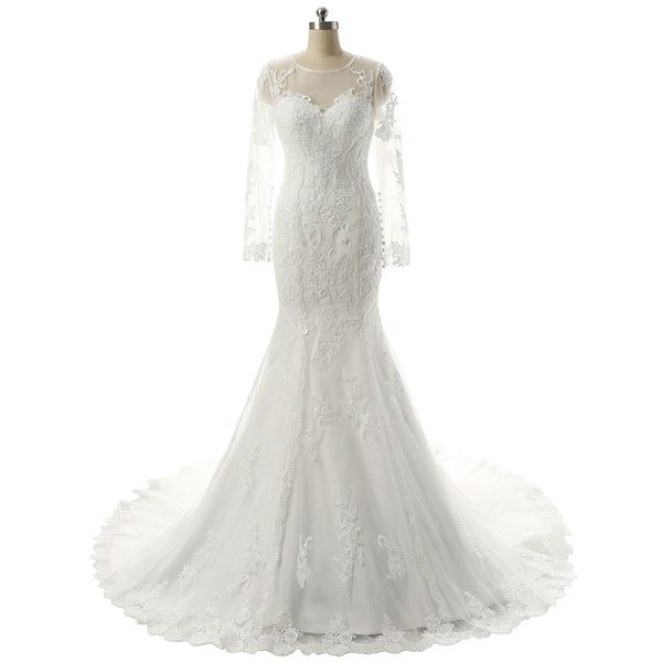gorgeous lace mermaid wedding dress long sleeves scoop sheer with lace applique bridal gowns zipper with buttons back wedding dresses, White
gorgeous lace mermaid wedding dress long sleeves scoop sheer with lace applique bridal gowns zipper with buttons back wedding dresses, White