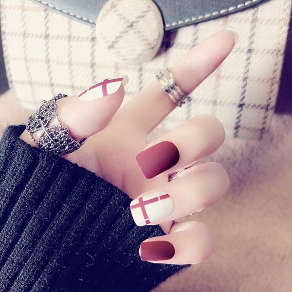 popular 24pcs matte fake nails wine red classical noble false nails matte artificial, Red;gold