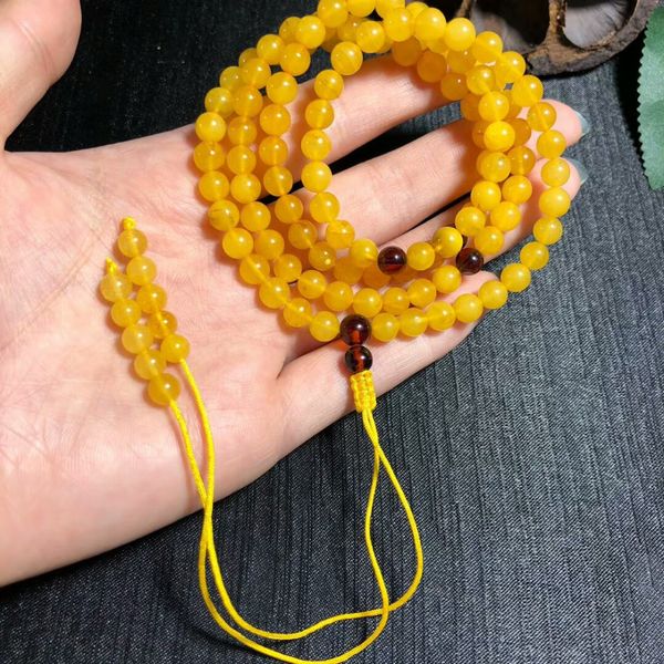 genuine natural yellow amber gemstone 108 prayer round beads 6.5mm precious stone woman bracelet necklace, Golden;silver