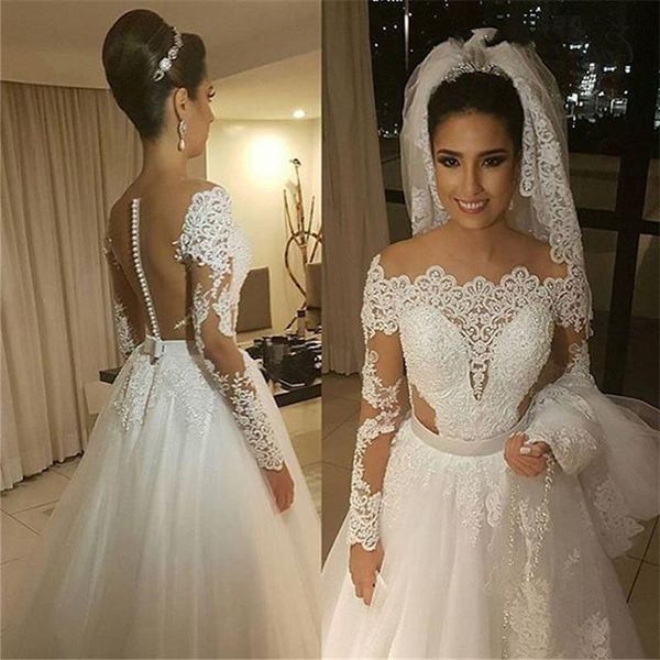 long sleeves bridal dresses pearls beaded lace appliques dubai wedding dress 2018 illusion back a line plus size wedding gown, White
long sleeves bridal dresses pearls beaded lace appliques dubai wedding dress 2018 illusion back a line plus size wedding gown, White