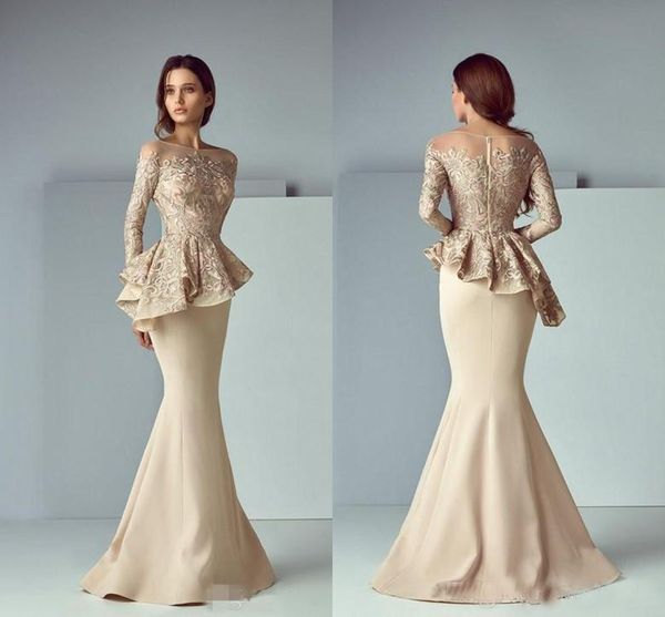 2018 Champagne Peplum Long Formal Dresses Evening Wear Sheer Neck Long Sleeve Lace Stain Dubai Arabic Party Gowns Mermaid Prom Dress
2018 Champagne Peplum Long Formal Dresses Evening Wear Sheer Neck Long Sleeve Lace Stain Dubai Arabic Party Gowns Mermaid Prom Dress