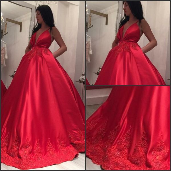 ball gown satin v neck v back floor length gorgeous red evening gown with lace appliques on hemline, Black;red
ball gown satin v neck v back floor length gorgeous red evening gown with lace appliques on hemline, Black;red