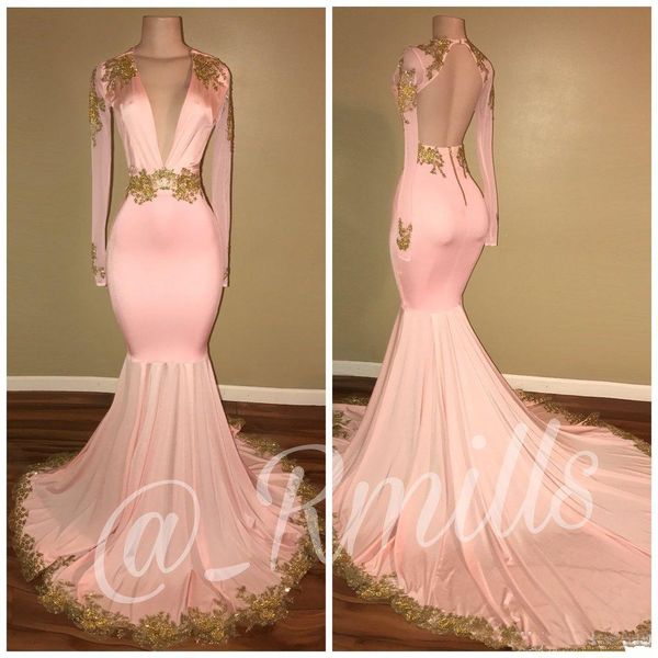 backless pink prom dresses mermaid deep v neck long sleeves gold lace sweep train evening dresses african party gowns, Black
backless pink prom dresses mermaid deep v neck long sleeves gold lace sweep train evening dresses african party gowns, Black