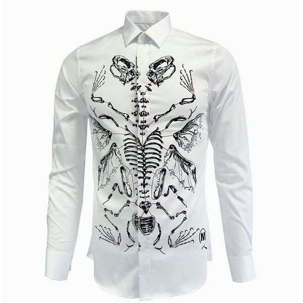 new style men shirts long sleeve turn-down collar casual shirt slim male white print animal bones, White;black
new style men shirts long sleeve turn-down collar casual shirt slim male white print animal bones, White;black