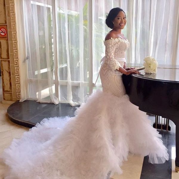 3/4 long sleeve wedding dress off shoulder beads lace applique sash tiered bridal gowns charming african tulle mermaid wedding gowns, White
3/4 long sleeve wedding dress off shoulder beads lace applique sash tiered bridal gowns charming african tulle mermaid wedding gowns, White