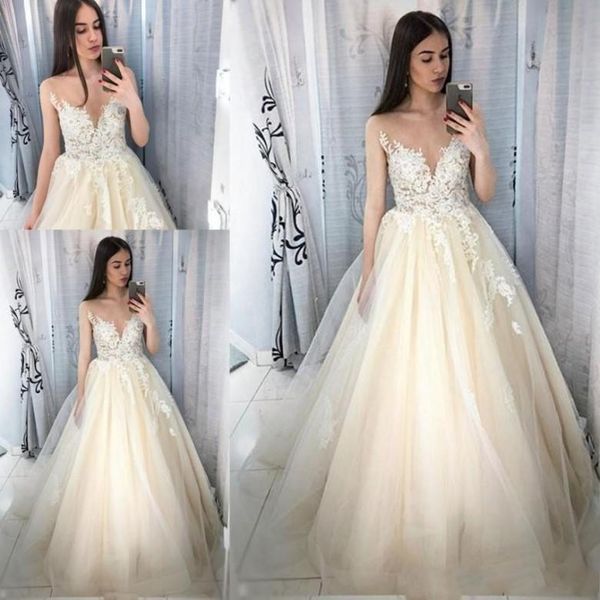 sheer neack champagne wedding dresses a line sweep train lace up back long skirt bridal gowns applique plus size wedding dress, White
sheer neack champagne wedding dresses a line sweep train lace up back long skirt bridal gowns applique plus size wedding dress, White