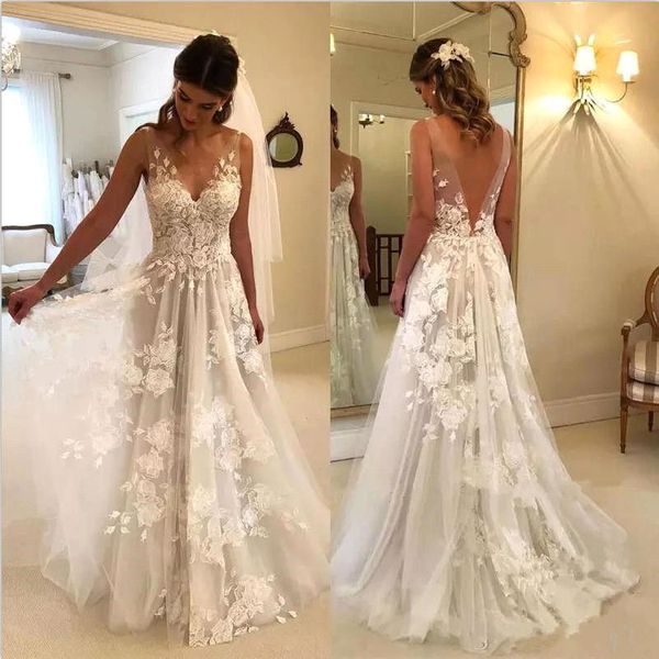 summer v neck lace appliqued a line wedding dresses sleeveless backless floor length beach bridal gowns custom made, White
summer v neck lace appliqued a line wedding dresses sleeveless backless floor length beach bridal gowns custom made, White