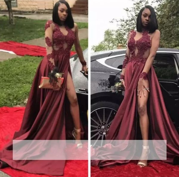 black girls burgundy prom dresses lace applique long illusion sleeve pleats high side split sweep train formal party wear evening gowns
black girls burgundy prom dresses lace applique long illusion sleeve pleats high side split sweep train formal party wear evening gowns