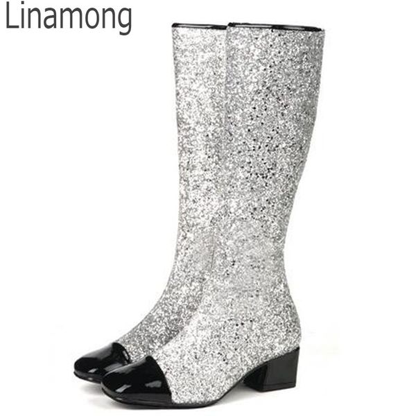 2018 spring women black/sliver bling bling sequins glitter square black patchwork toe med-heels knee high knight boots lady
2018 spring women black/sliver bling bling sequins glitter square black patchwork toe med-heels knee high knight boots lady