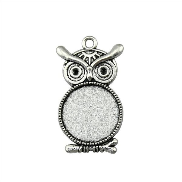 

12 pieces cabochon cameo base tray bezel blank diy jewelry findings owl single side inner size 20mm round necklace pendant setting, Slivery;crystal