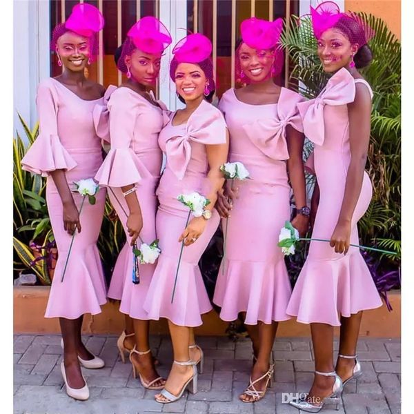 african pink bridesmaid dresses one shoulder with bow tea- length mermaid wedding party gowns plus size, White;pink
african pink bridesmaid dresses one shoulder with bow tea- length mermaid wedding party gowns plus size, White;pink
