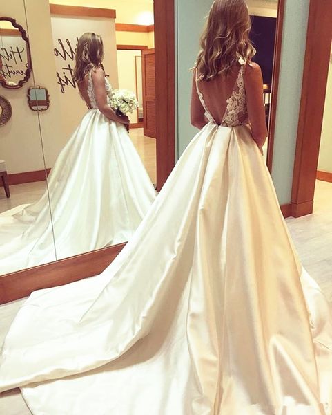 backless sheer neck wedding dresses bateau neck appliques lace satin long a line sweep train bridal gowns custom made, White
backless sheer neck wedding dresses bateau neck appliques lace satin long a line sweep train bridal gowns custom made, White