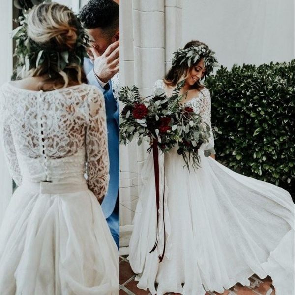 two pieces bohemian wedding dresses a-line long sleeve deep v-neck lace appliques garden bridal gowns glamorous vintage country wedding gown, White
two pieces bohemian wedding dresses a-line long sleeve deep v-neck lace appliques garden bridal gowns glamorous vintage country wedding gown, White