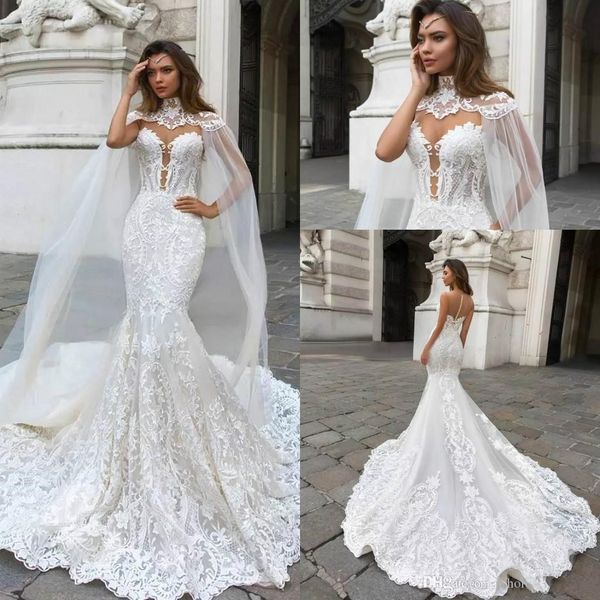 2019 gorgeous lace mermaid wedding dresses with cowl back caped sheer mesh applique plus size bridal wedding gowns vestidos de novia, White
2019 gorgeous lace mermaid wedding dresses with cowl back caped sheer mesh applique plus size bridal wedding gowns vestidos de novia, White