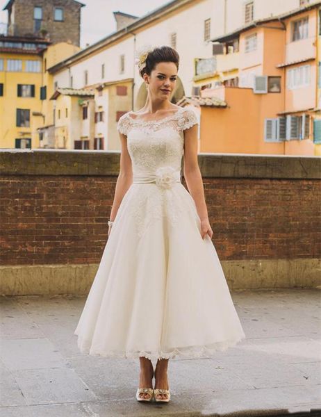 1950s Vintage Ankle Length Wedding Dresses Cap Sleeve Jewel Neck Flower Belt A Line Lace Short Bridal Gowns Custom Made
1950s Vintage Ankle Length Wedding Dresses Cap Sleeve Jewel Neck Flower Belt A Line Lace Short Bridal Gowns Custom Made