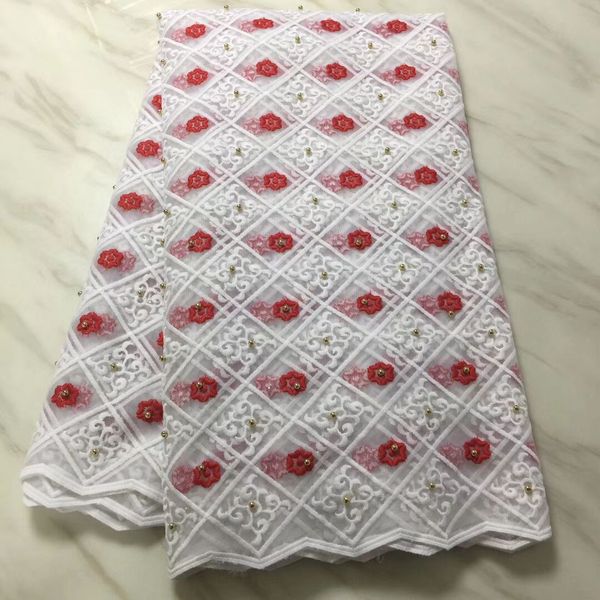 

5Yards/pc Beautiful white african milk silk lace and red fower embroidery french mesh lace fabric for dress BM10-3