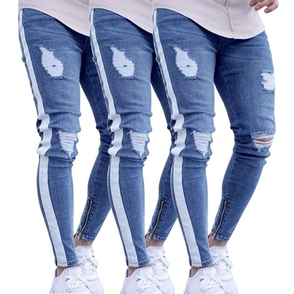 new fashion knee hole side zipper slim distressed jeans men ripped tore up streetwear hiphop for men slim stripe pants, Blue
new fashion knee hole side zipper slim distressed jeans men ripped tore up streetwear hiphop for men slim stripe pants, Blue