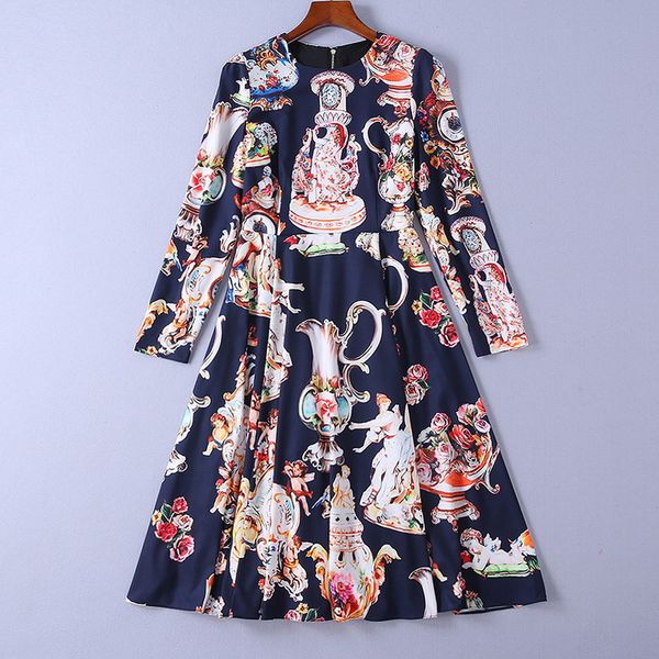 european and american women's 2018 winter clothing new vintage print long-sleeved round neck dress, Black;gray
european and american women's 2018 winter clothing new vintage print long-sleeved round neck dress, Black;gray