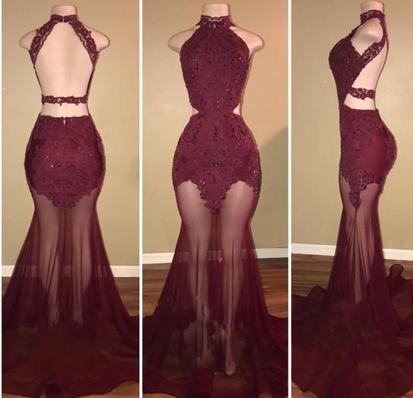 2018 burgundy high-neck lace appliques mermaid prom dresses backless long party gowns tulle evening dresses special occasion dresses, Black
2018 burgundy high-neck lace appliques mermaid prom dresses backless long party gowns tulle evening dresses special occasion dresses, Black