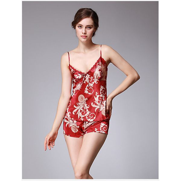 women 2019 silk satin print pajamas set lace v-neck sleeveless pyjama set summer homewear sleepwear, Red;black
women 2019 silk satin print pajamas set lace v-neck sleeveless pyjama set summer homewear sleepwear, Red;black