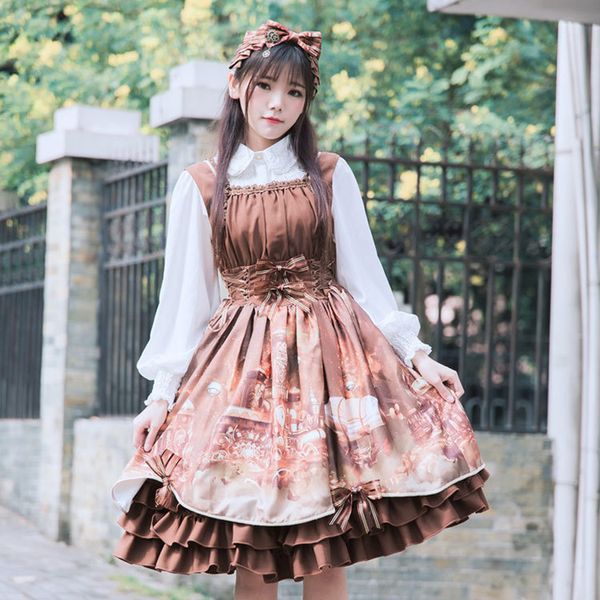 

2018 spring new women's lolita dress jsk steam castle printed dress vintage women 0583, Black;red